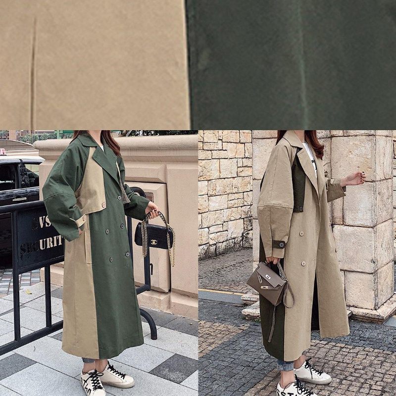 Naturligt Dobbeltbryst Fint Patchwork Lange Frakker Khaki Oversized - Dame trenchcoats