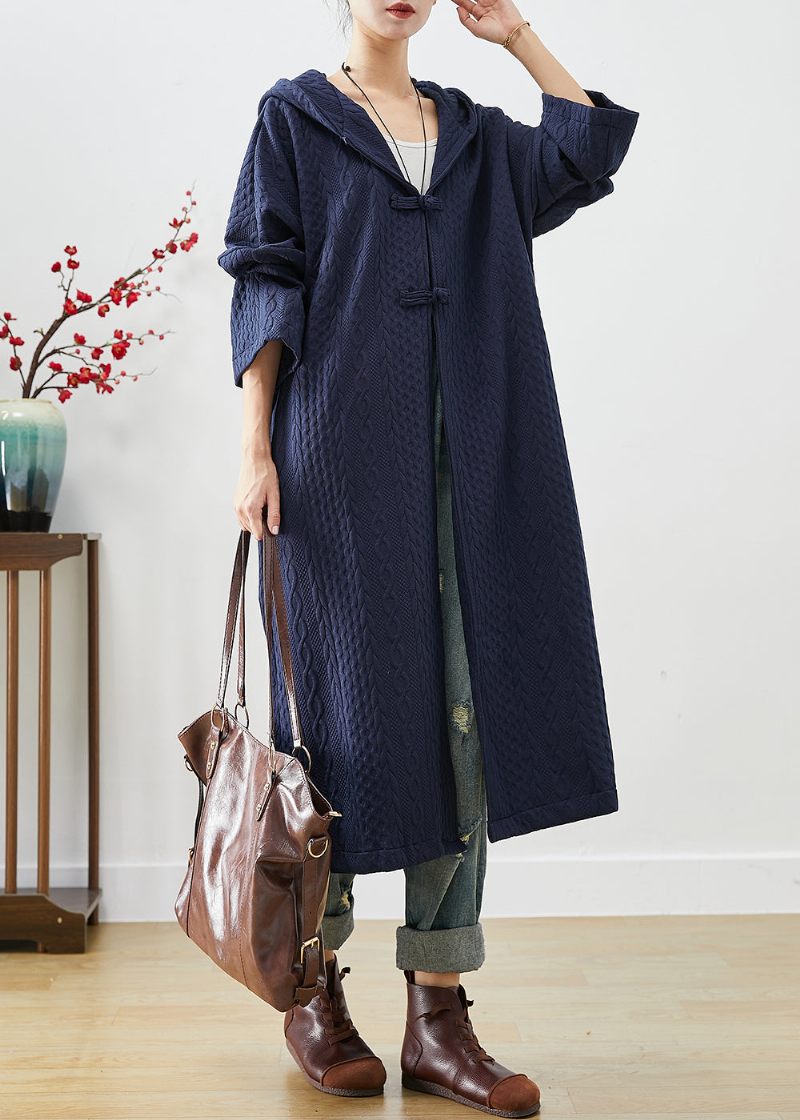 Navy Cotton Trench Coat Oversized Kinesisk Knap Fall