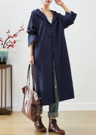 Navy Cotton Trench Coat Oversized Kinesisk Knap Fall