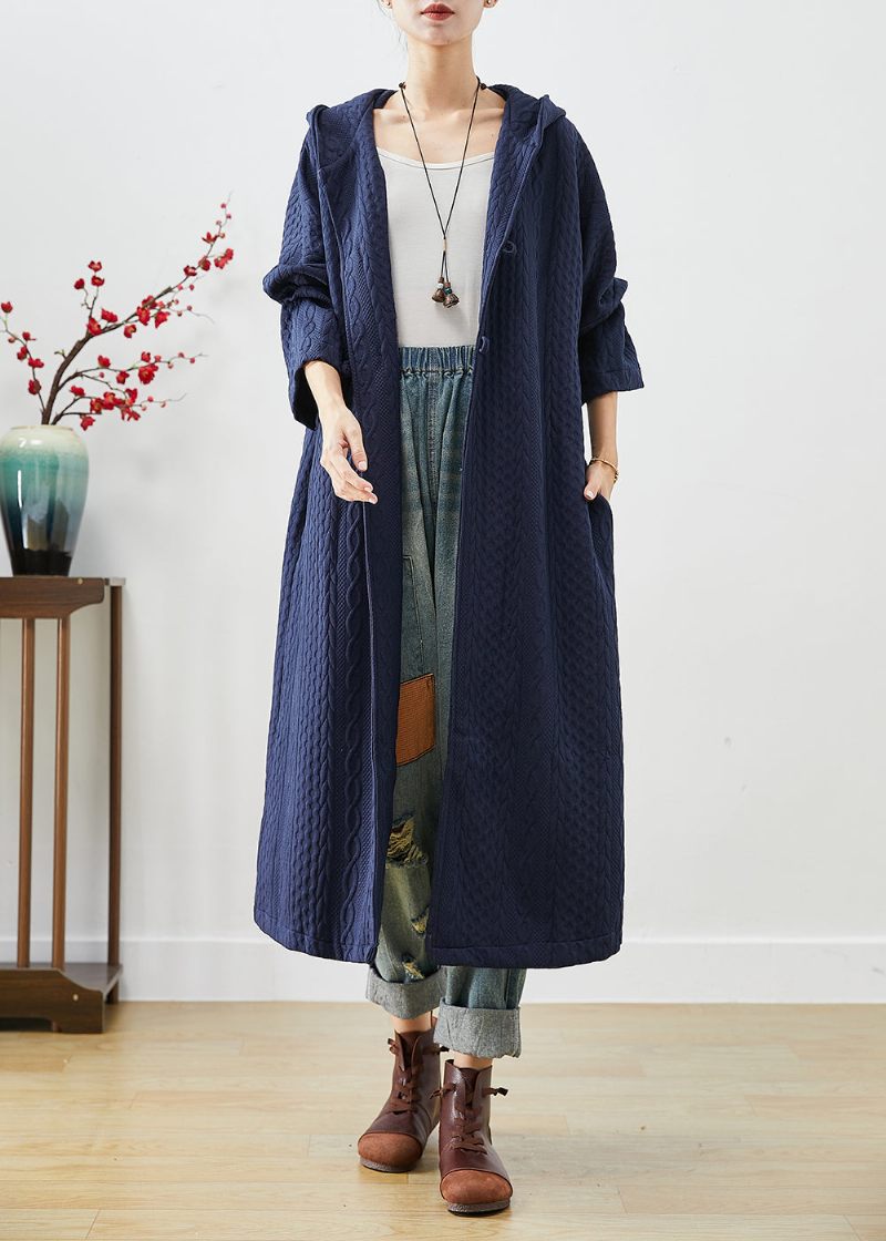 Navy Cotton Trench Coat Oversized Kinesisk Knap Fall - Dame trenchcoats