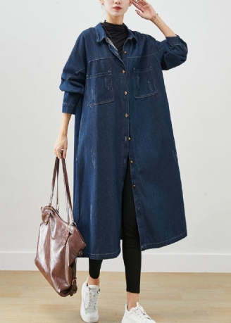 Navy Denim Trench Coats Overdimensionerede Lommer Efterår