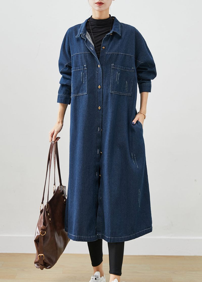 Navy Denim Trench Coats Overdimensionerede Lommer Efterår - Dame trenchcoats