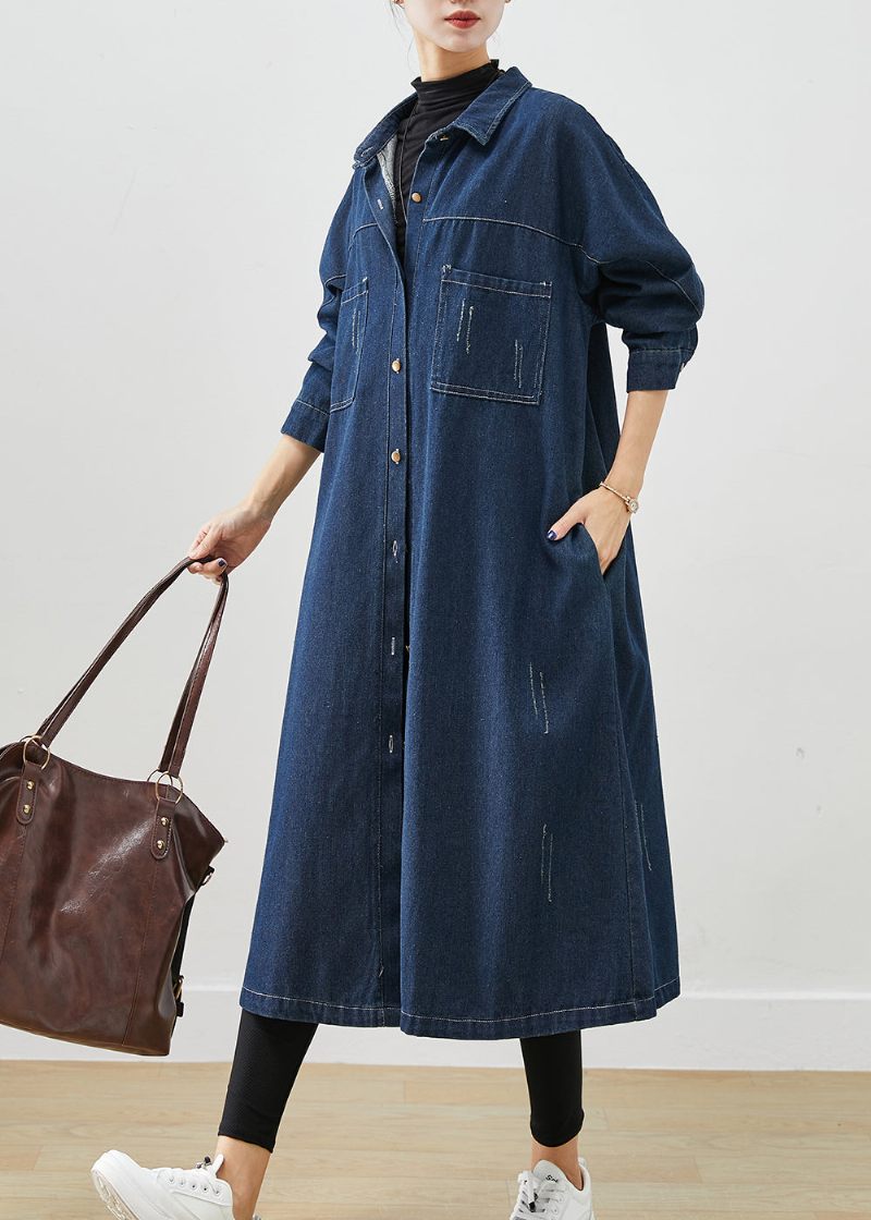 Navy Denim Trench Coats Overdimensionerede Lommer Efterår - Dame trenchcoats