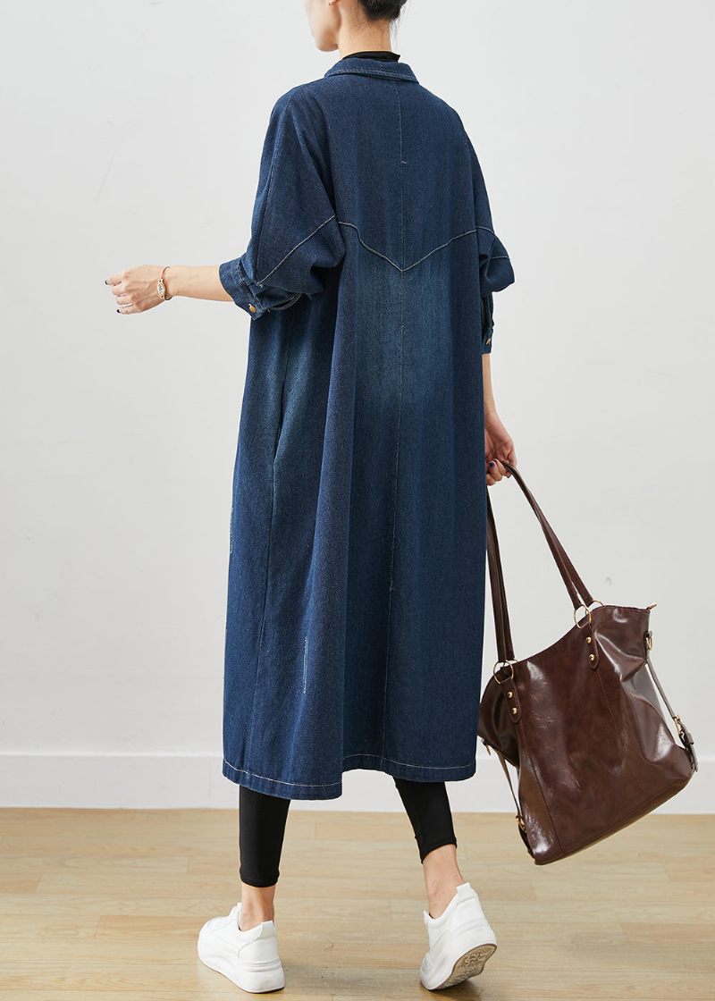 Navy Denim Trench Coats Overdimensionerede Lommer Efterår - Dame trenchcoats