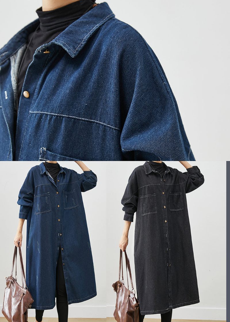 Navy Denim Trench Coats Overdimensionerede Lommer Efterår - Dame trenchcoats