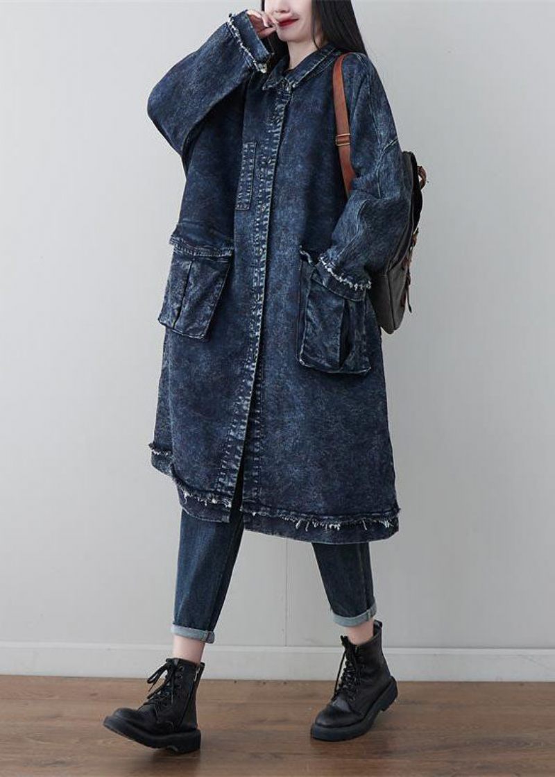 Navy Loose Cotton Trench Coat Camouflage Print Spring - Dame trenchcoats