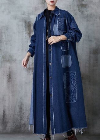 Navy Patchwork Applique Denim Trench Oversized Fjeder