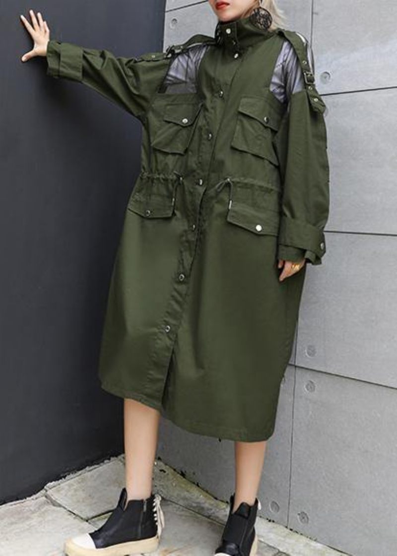 Ny Armygrøn Overfrakke Trendy Plus Size Lange Revers Frakker Med Snøre - Dame trenchcoats