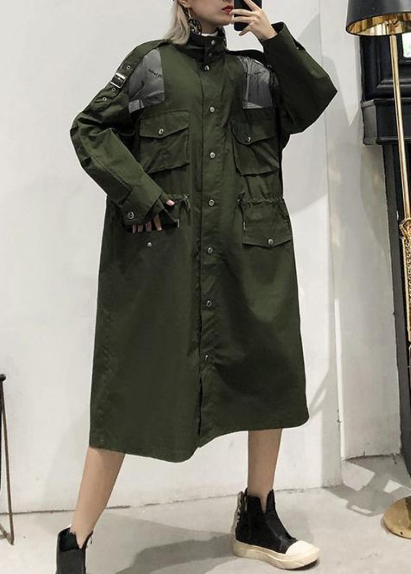 Ny Armygrøn Overfrakke Trendy Plus Size Lange Revers Frakker Med Snøre - Dame trenchcoats