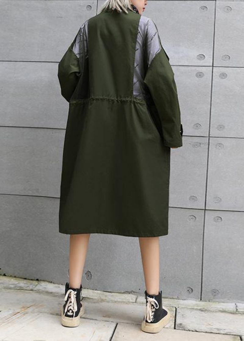 Ny Armygrøn Overfrakke Trendy Plus Size Lange Revers Frakker Med Snøre - Dame trenchcoats