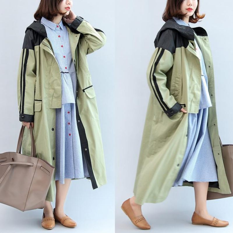 Ny Efterårs Linght Grøn Patchwork Bomuldsovertøj Plus Size Maxi Frakke Med Hætte - Dame trenchcoats