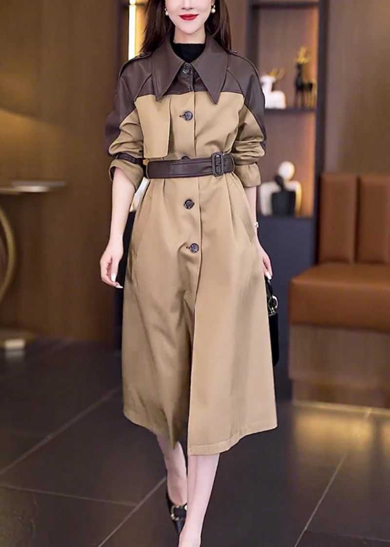 Ny Khaki Button Tie Talje Patchwork Bomuld Lang Trench Coat Fall