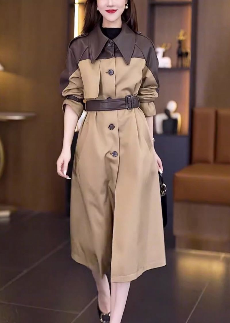 Ny Khaki Button Tie Talje Patchwork Bomuld Lang Trench Coat Fall - Dame trenchcoats