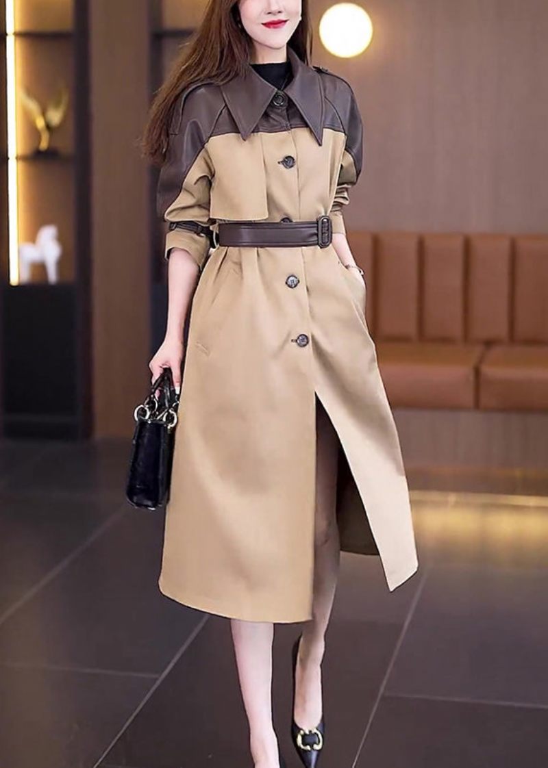 Ny Khaki Button Tie Talje Patchwork Bomuld Lang Trench Coat Fall - Dame trenchcoats