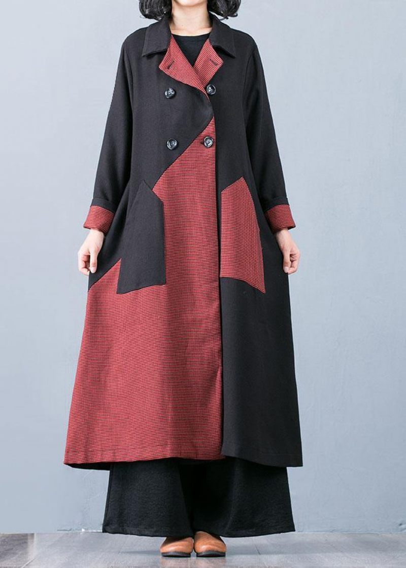 Ny Orange Rød Patchwork Frakke Til Kvinde Oversize Trenchcoat Efterår Outwear Dobbelt Bryst - Rød