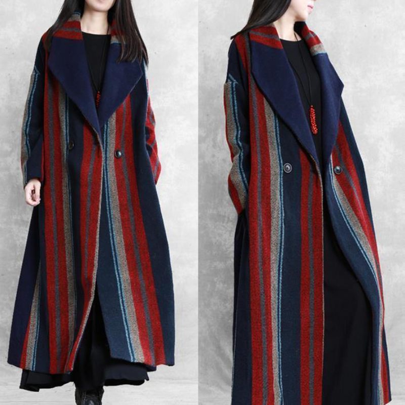 Ny Plus Size Maxi Frakke Blå Rød Stribet Med Kærv Bindebånd I Taljen Uldjakker - Dame trenchcoats