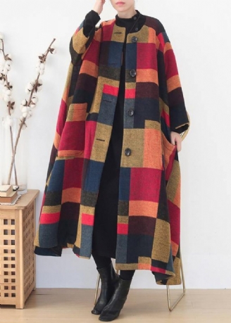 Ny Plus Size Tøj Trenchcoat Outwear Gul Plaid O Hals Ekstra Stor Søm Uld Frakke