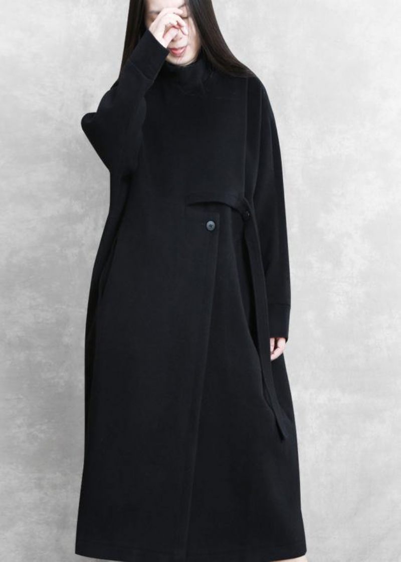 Ny Sort Frakke Kvinder Afslappet Standkrave Asymmetrisk Lang Ulden Outwear - Dame trenchcoats