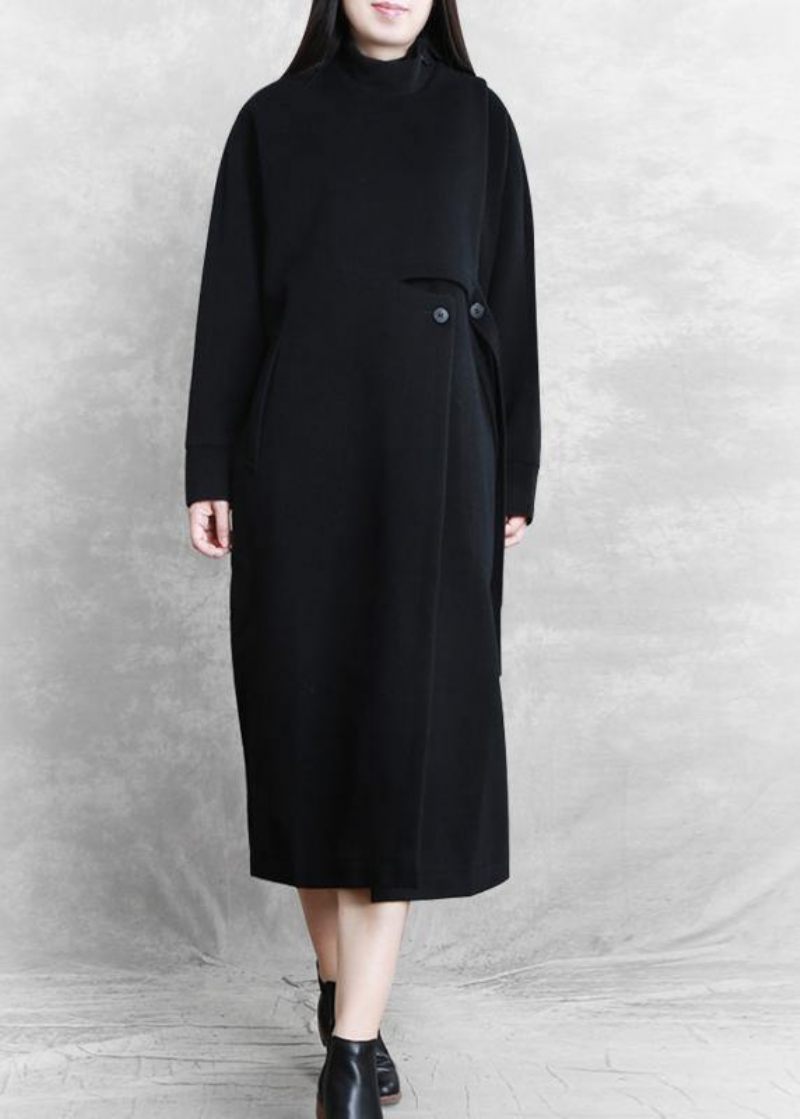 Ny Sort Frakke Kvinder Afslappet Standkrave Asymmetrisk Lang Ulden Outwear - Dame trenchcoats