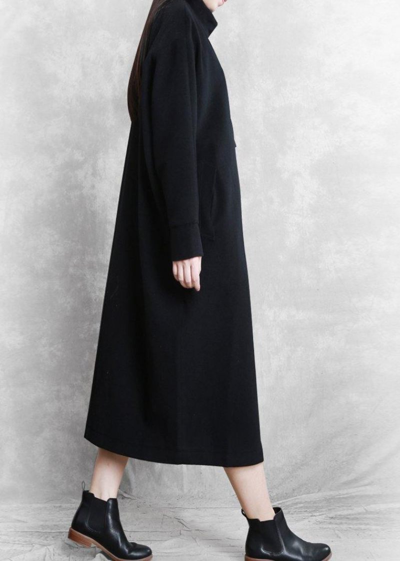 Ny Sort Frakke Kvinder Afslappet Standkrave Asymmetrisk Lang Ulden Outwear - Dame trenchcoats