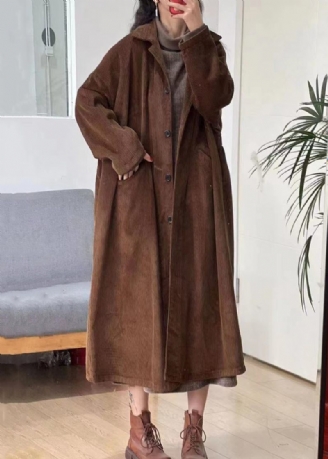 Nye Karamelknaplommer Corduroy Lang Trench Coat Langærmet