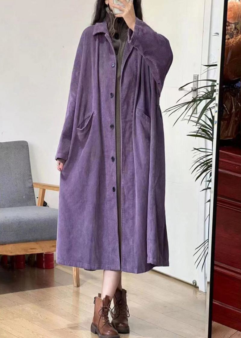 Nye Karamelknaplommer Corduroy Lang Trench Coat Langærmet - Dame trenchcoats