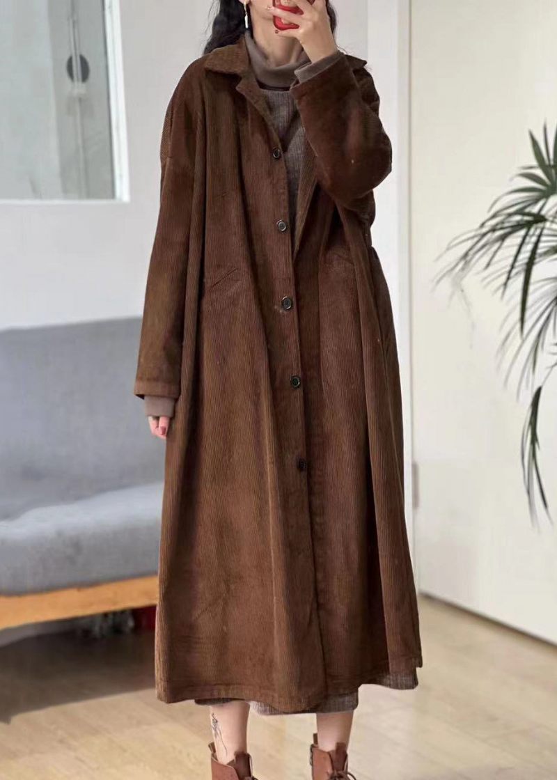 Nye Karamelknaplommer Corduroy Lang Trench Coat Langærmet - Dame trenchcoats