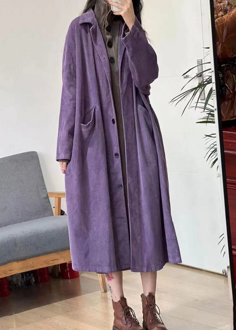 Nye Karamelknaplommer Corduroy Lang Trench Coat Langærmet - Dame trenchcoats