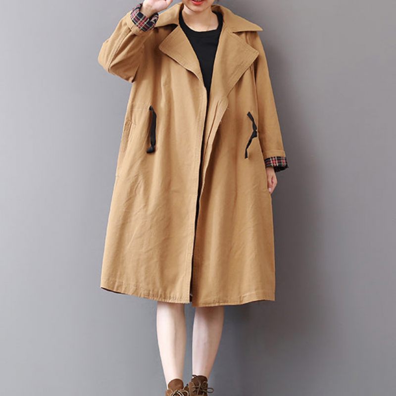 Nye Khaki Frakker Plus Størrelse Reverskrave Outwear Vintage Wild Frakke - Dame trenchcoats