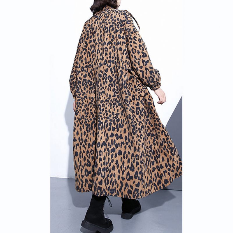 Nye Leopardfrakker Plus Størrelse Tøj Stander Trenchcoat Med Lynlås Til Kvinder Langærmede Lommer Baggy Bomuldsblanding Frakke - Leopard