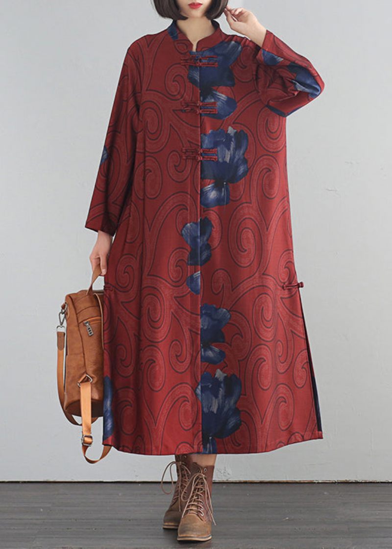 Nyhed Rød Stand Krave Print Knap Silke Bomuld Trench Coats Fal - Dame trenchcoats