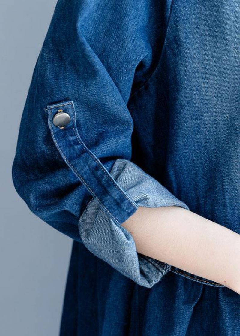 Økologisk Denim Blå Broderi Fint Tøj Til Damer Garderobeskabe Stribet Krave Efterår Outwears - Denim Blå