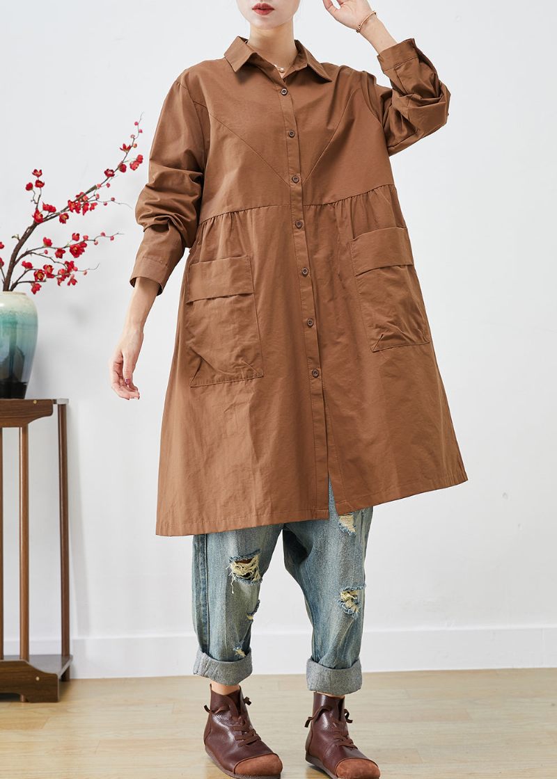 Økologisk Kaffe Oversized Patchwork Lommer Bomuld Trench Coats Efterår