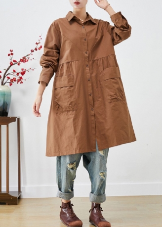 Økologisk Kaffe Oversized Patchwork Lommer Bomuld Trench Coats Efterår