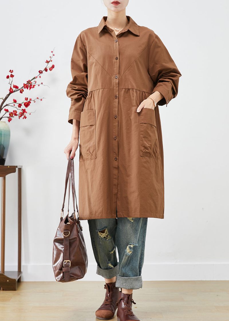 Økologisk Kaffe Oversized Patchwork Lommer Bomuld Trench Coats Efterår - Dame trenchcoats