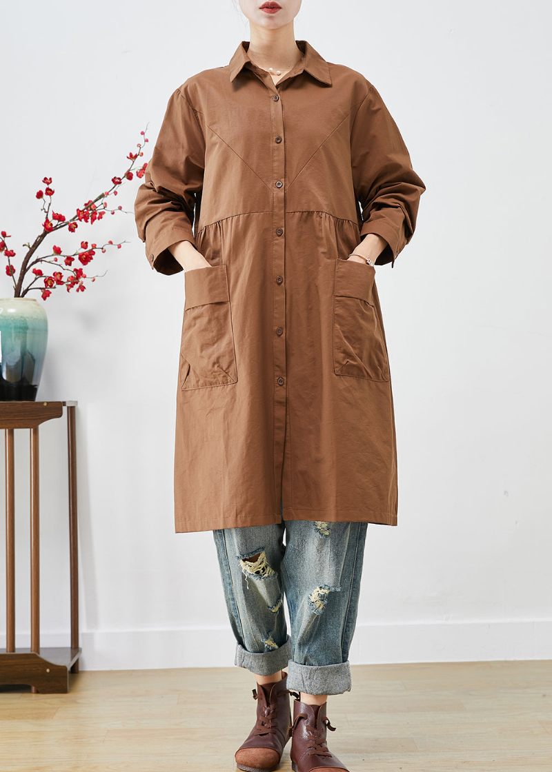 Økologisk Kaffe Oversized Patchwork Lommer Bomuld Trench Coats Efterår - Dame trenchcoats