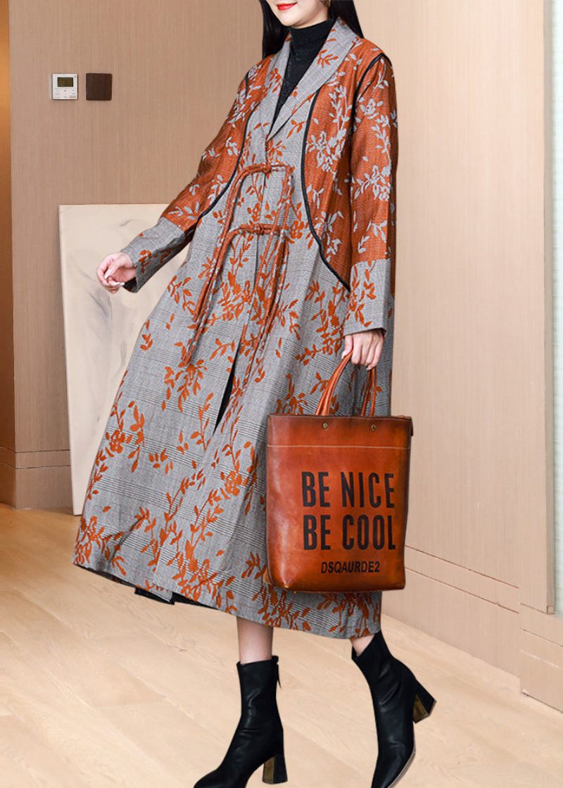 Orange Lommer Print Bomuld Trench Tasseled Kinesisk Knap Fall - Dame trenchcoats