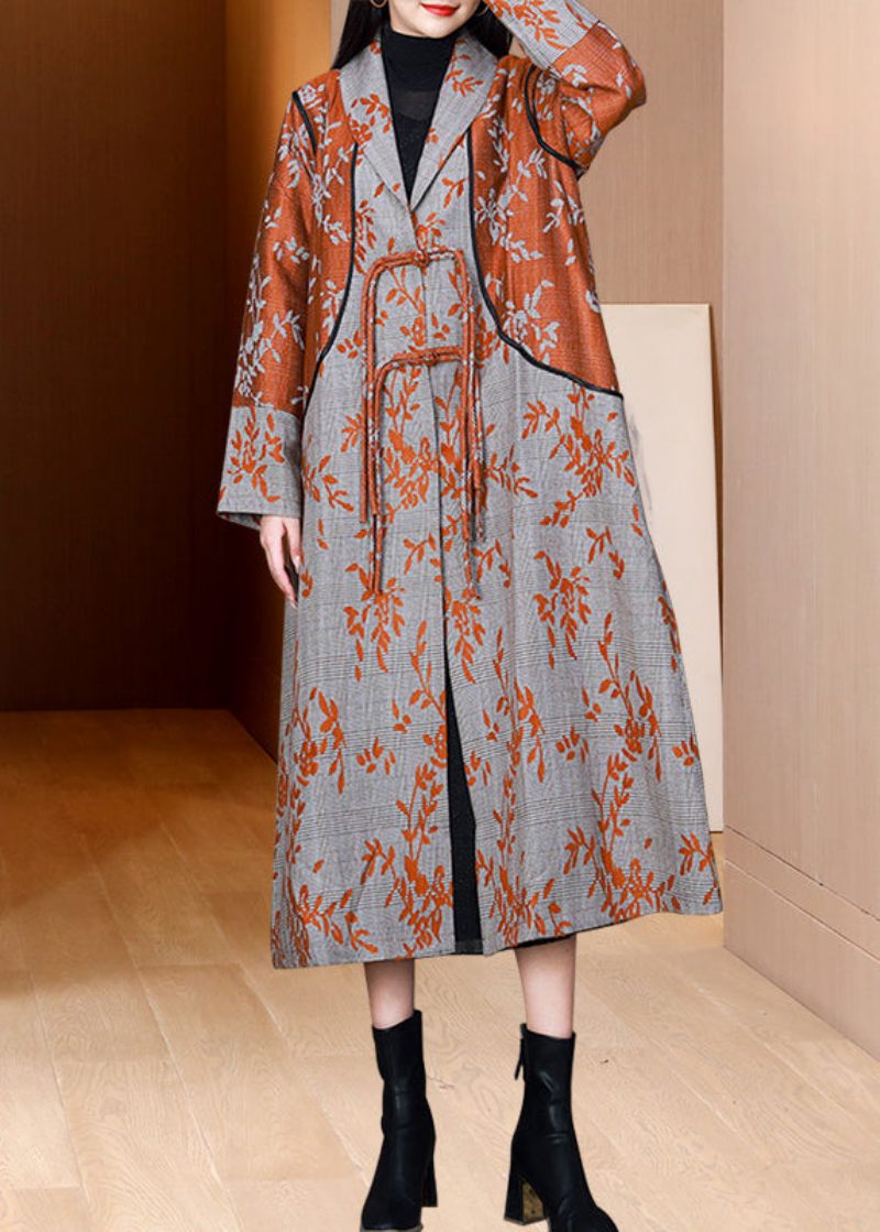 Orange Lommer Print Bomuld Trench Tasseled Kinesisk Knap Fall - Dame trenchcoats