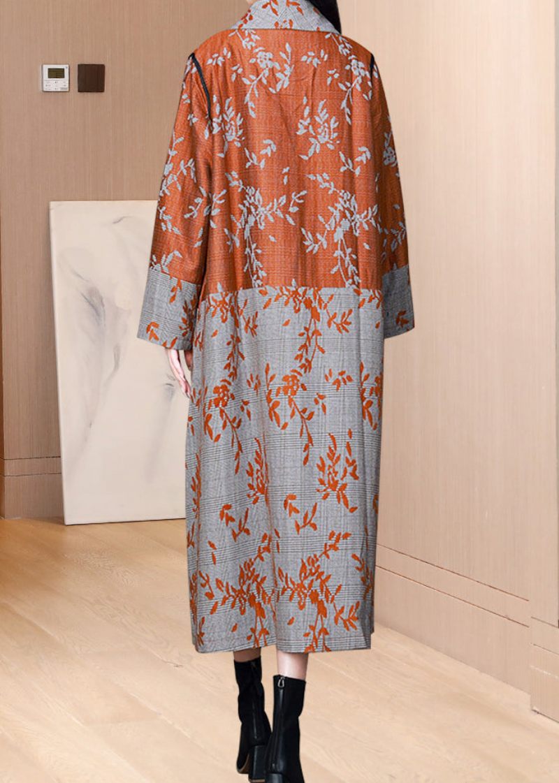 Orange Lommer Print Bomuld Trench Tasseled Kinesisk Knap Fall - Dame trenchcoats