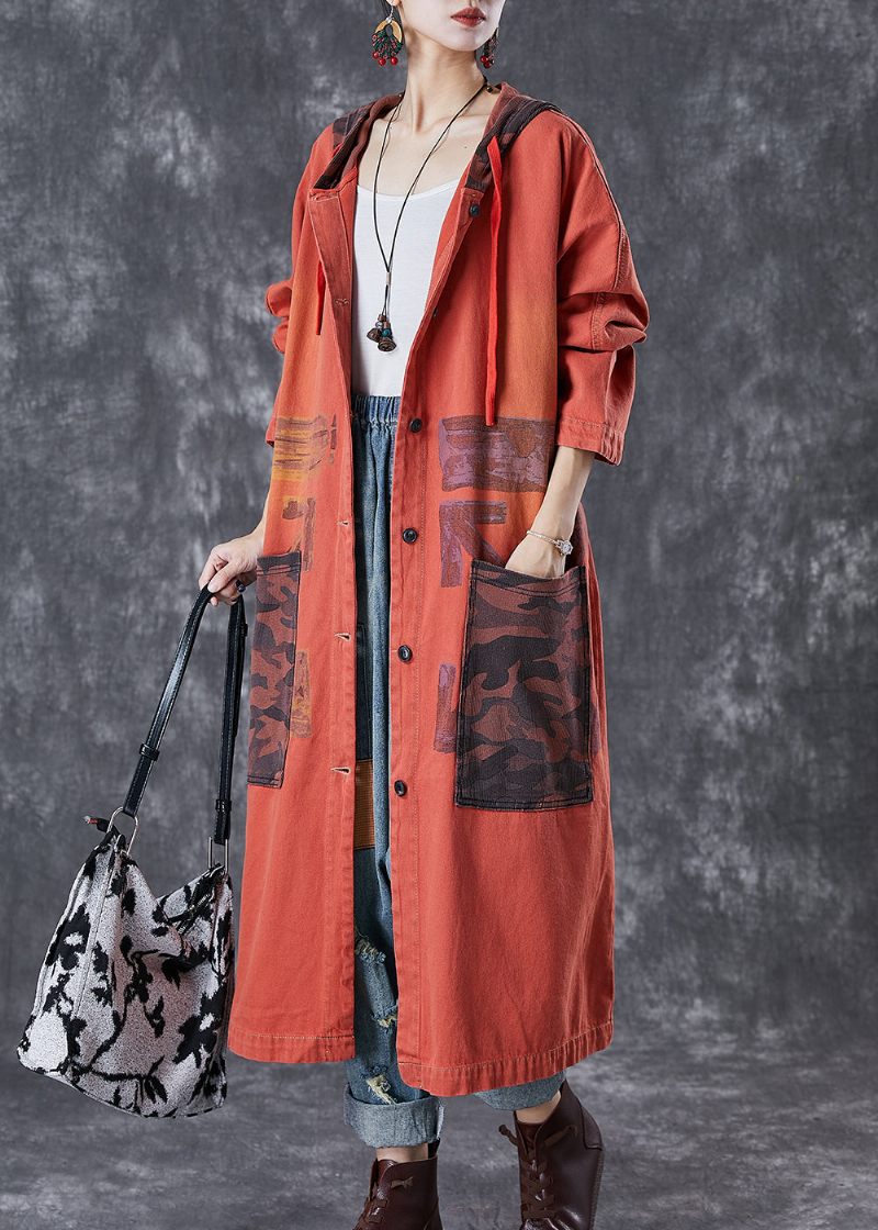 Orange Patchwork Bomuld Trench Overdimensionerede Store Lommer Falder