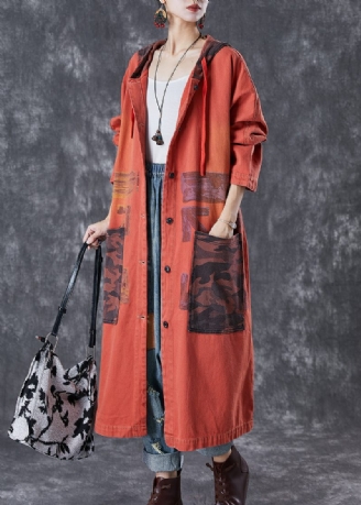 Orange Patchwork Bomuld Trench Overdimensionerede Store Lommer Falder