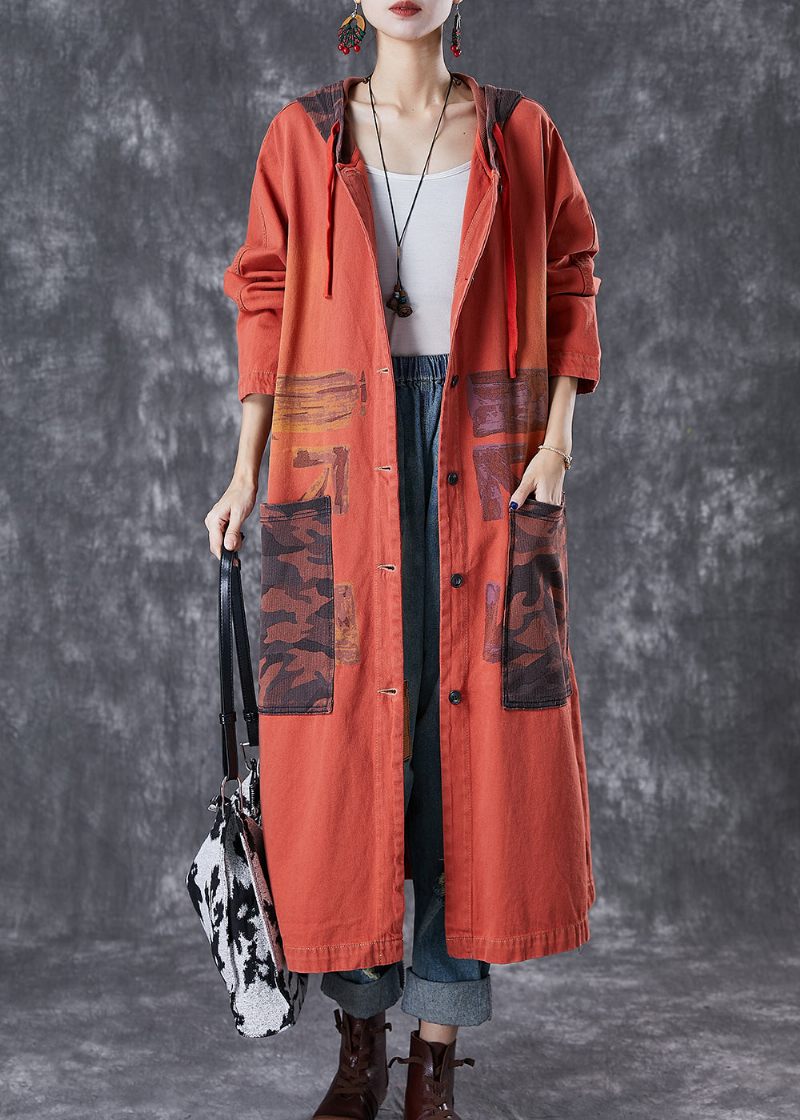 Orange Patchwork Bomuld Trench Overdimensionerede Store Lommer Falder - Dame trenchcoats