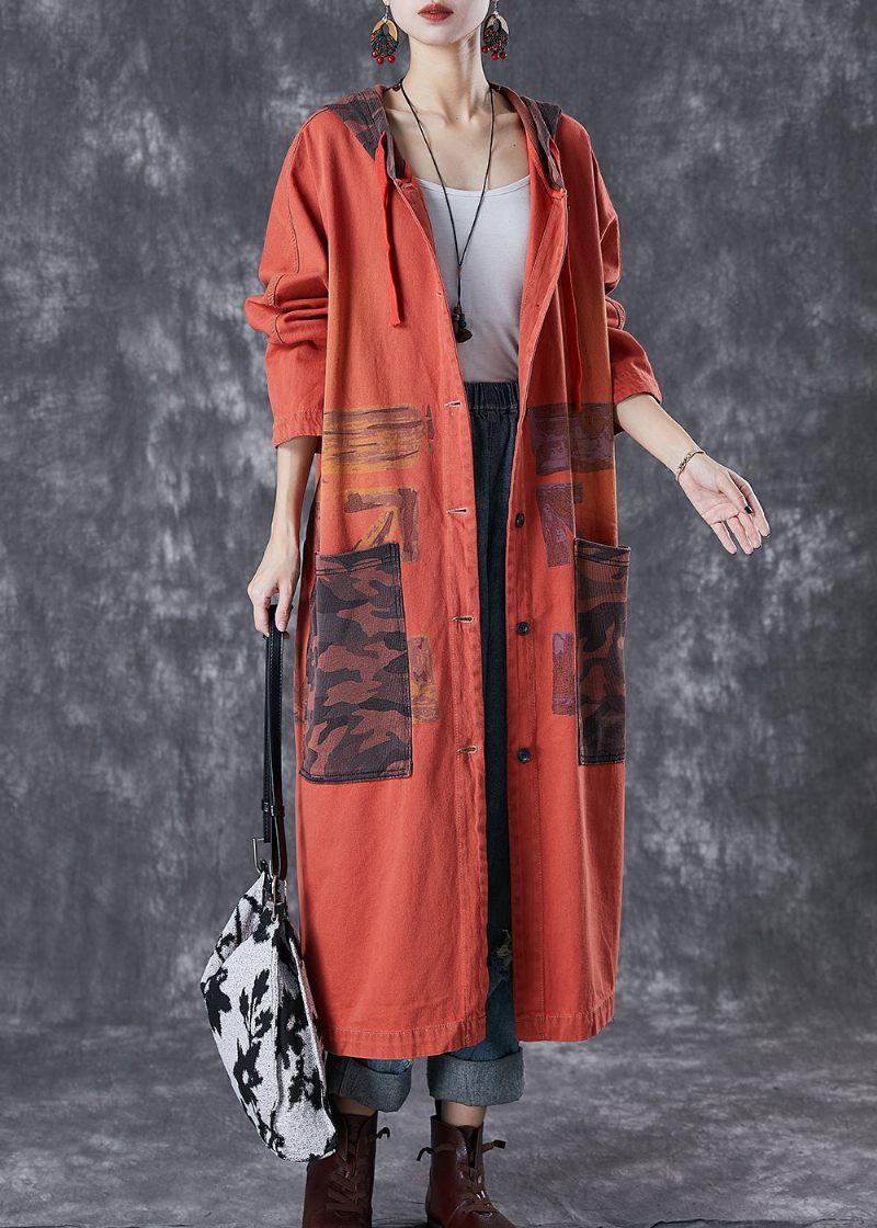 Orange Patchwork Bomuld Trench Overdimensionerede Store Lommer Falder - Dame trenchcoats