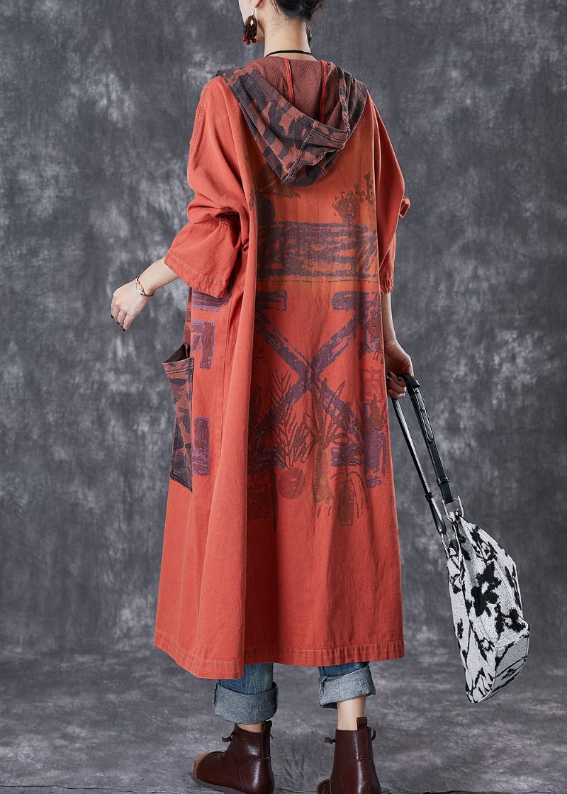 Orange Patchwork Bomuld Trench Overdimensionerede Store Lommer Falder - Dame trenchcoats