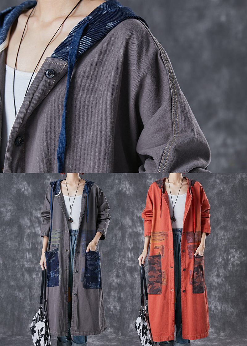 Orange Patchwork Bomuld Trench Overdimensionerede Store Lommer Falder - Dame trenchcoats