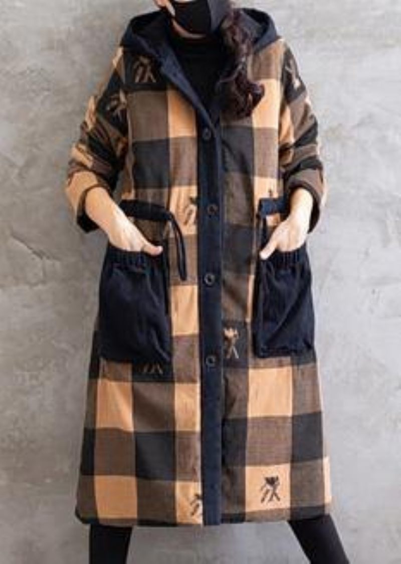 Oversize Frakker Gul Plaid Hættetrøje Parkas - Gul