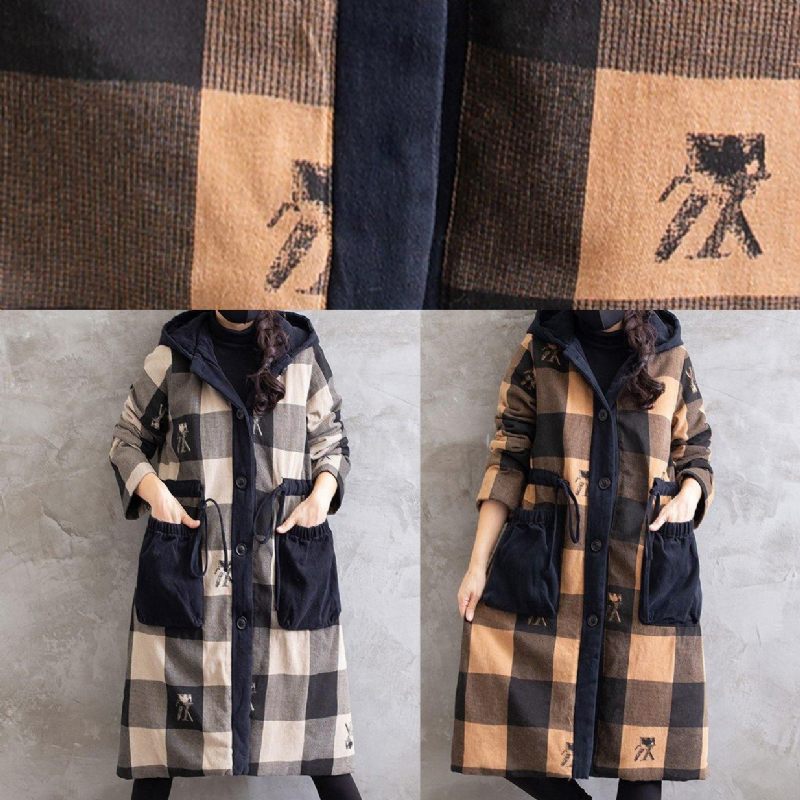 Oversize Frakker Gul Plaid Hættetrøje Parkas - Gul