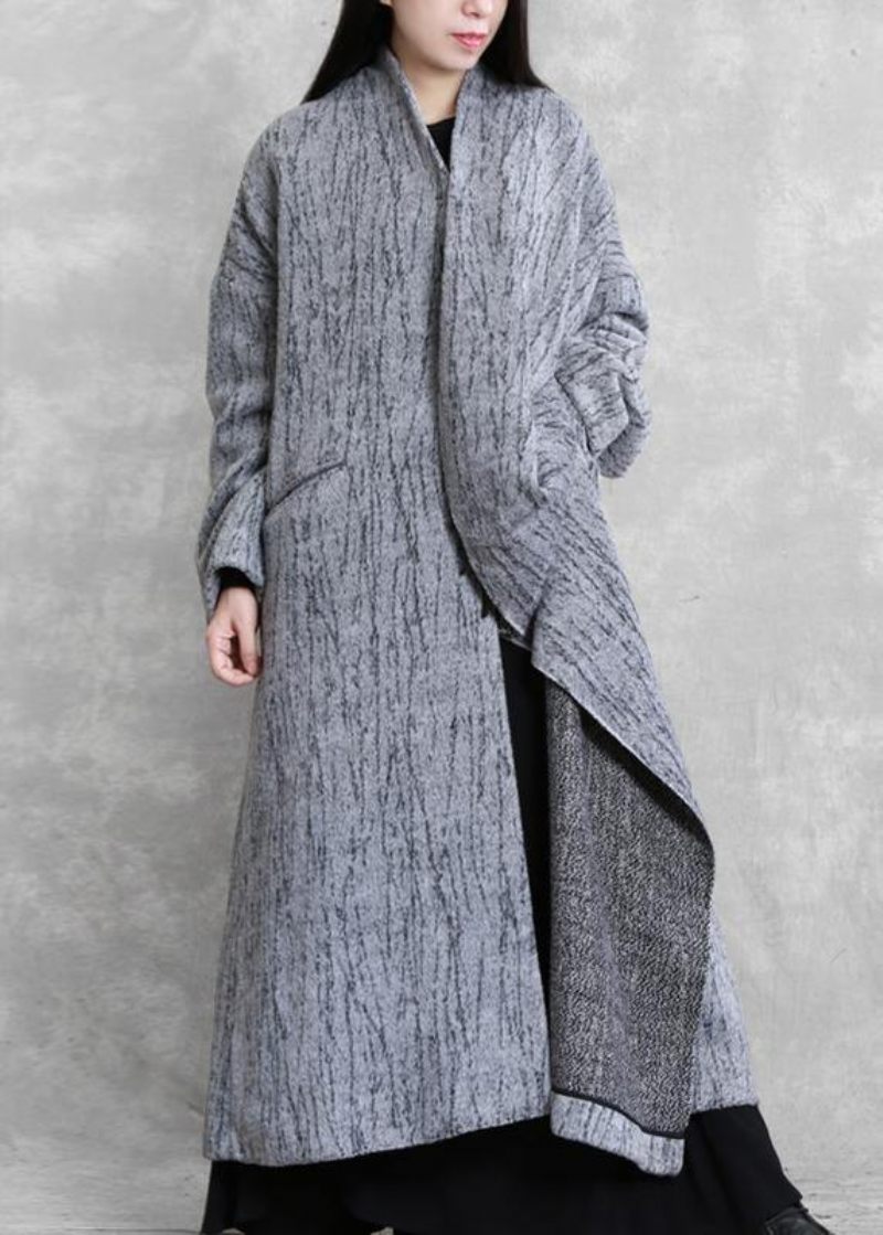 Oversized Lang Frakke Kvinder Grå Asymmetriske Lommer Woolen Coats Damer