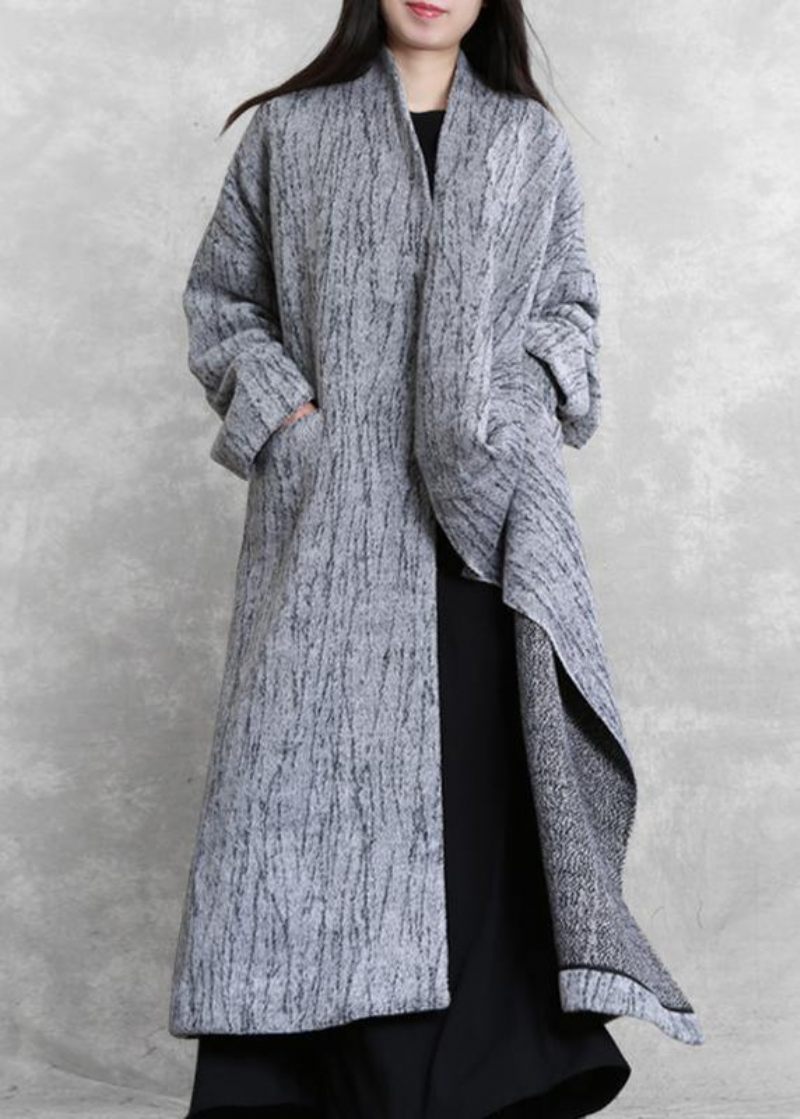 Oversized Lang Frakke Kvinder Grå Asymmetriske Lommer Woolen Coats Damer - Dame trenchcoats