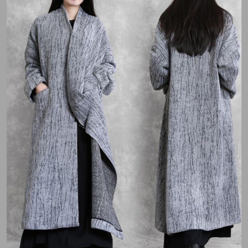 Oversized Lang Frakke Kvinder Grå Asymmetriske Lommer Woolen Coats Damer - Dame trenchcoats